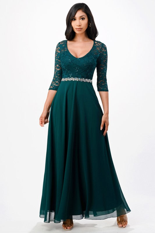 A-Line Lace Evening Dress – 3/4 Sleeve Rhinestone Waist Gown for Women Hunter 9597728c-64aa-4f49-9a4b-0006a01800ba