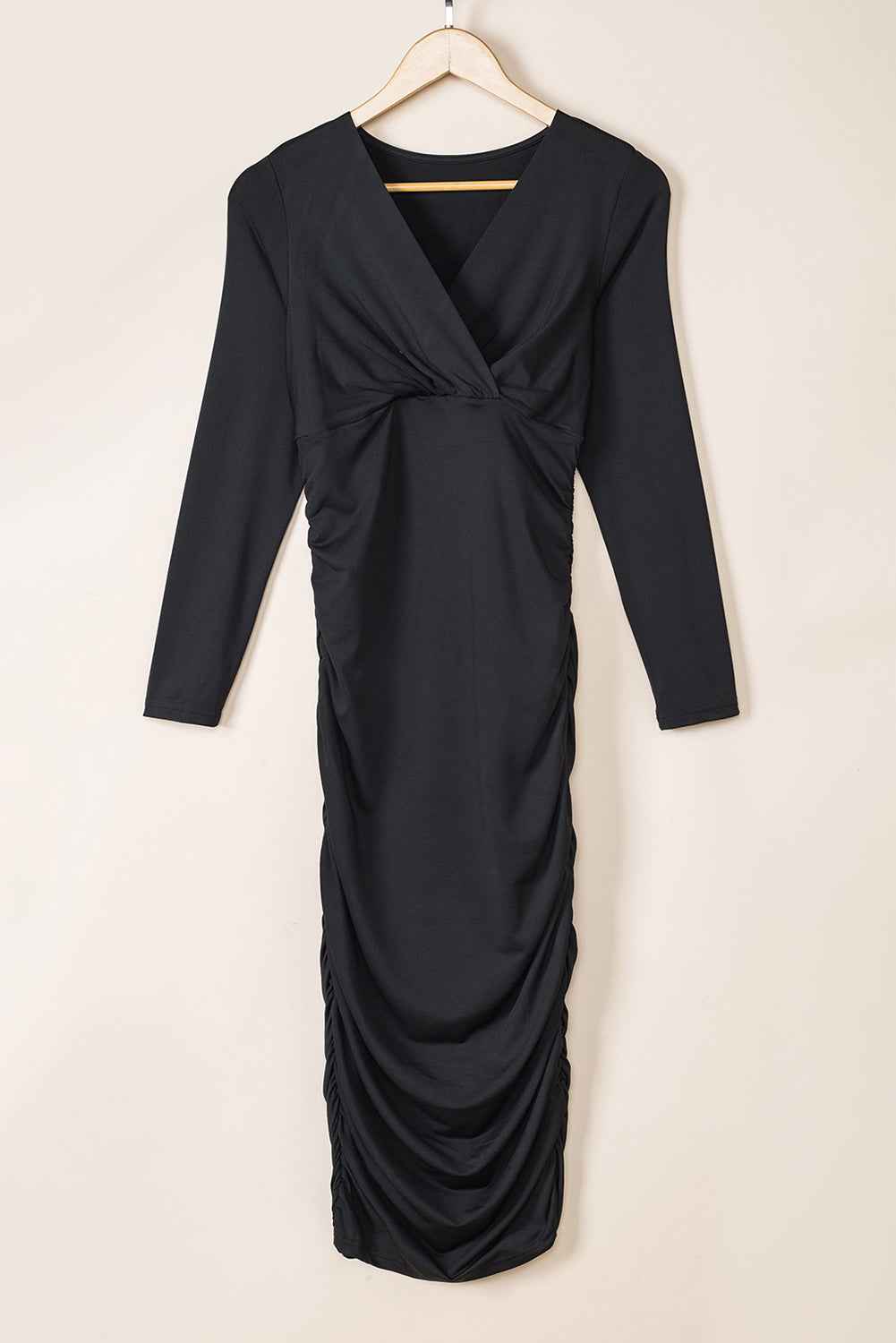 Black Long Sleeves Wrap V Neck Ruched Sheath Midi Dress 959b1cf0e8e290ad