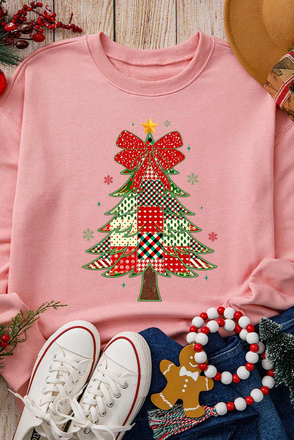Pink Multi-pattern Checkered Christmas Tree Womens Drop Shoulder Sweatshirt 959b4d4770c38b4f