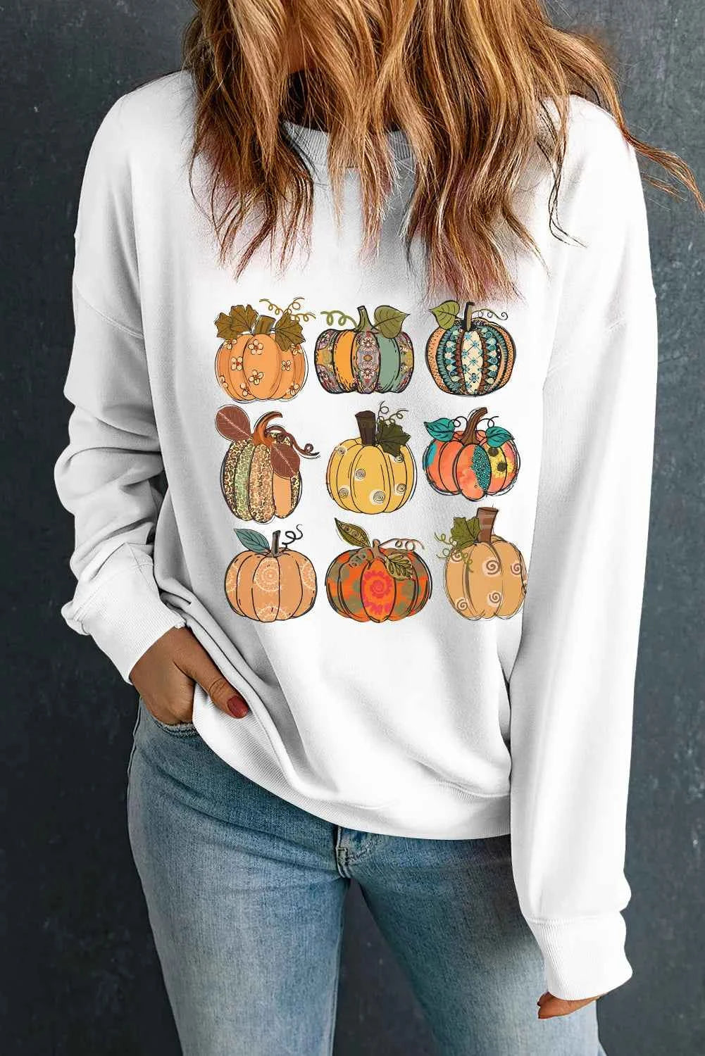 Pumpkin Graphic Long Sleeve Sweatshirt White 959b72d6-e4d2-4633-a9d9-b7822b8db430-Max