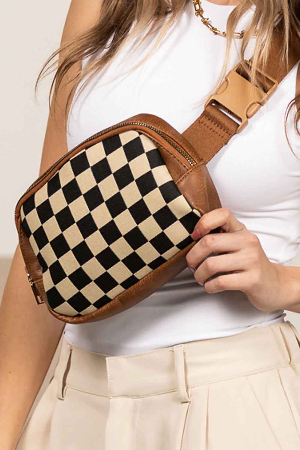 Coffee Faux Leather Checkered Patchwork Crossbody Bag 959bb431400cbd35