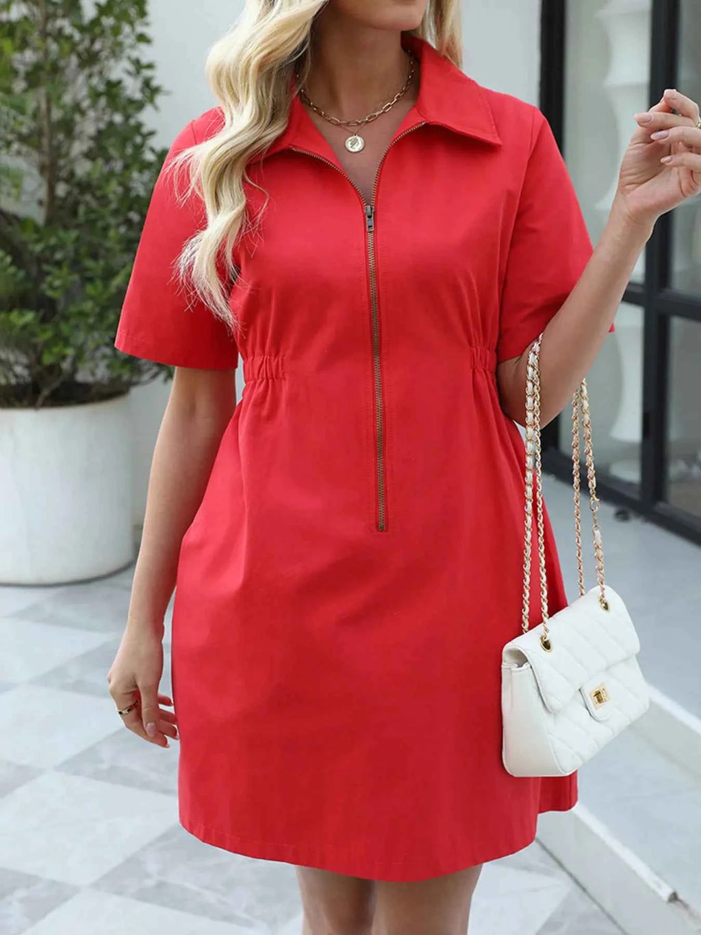 Zip-Front Short Sleeve Shirt Dress 959c21c9d3454ebcab6794b881ec1ada-Max-Origin