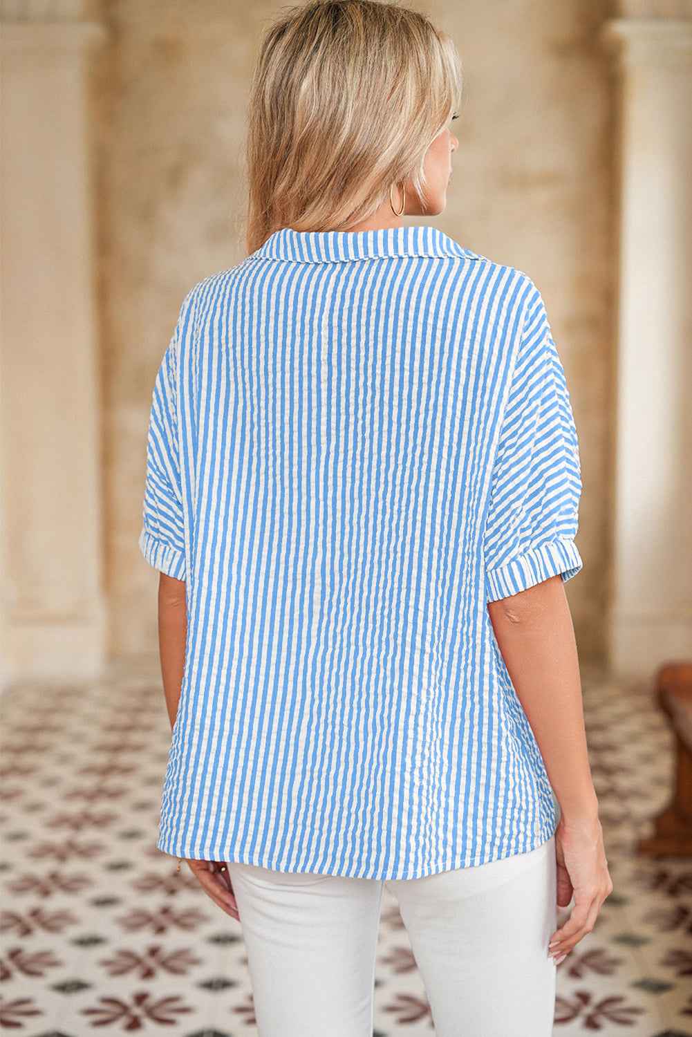 Sachet Pink Striped Dolman Sleeve Pop of Color Neckline Blouse 959c9f1d6619b0df