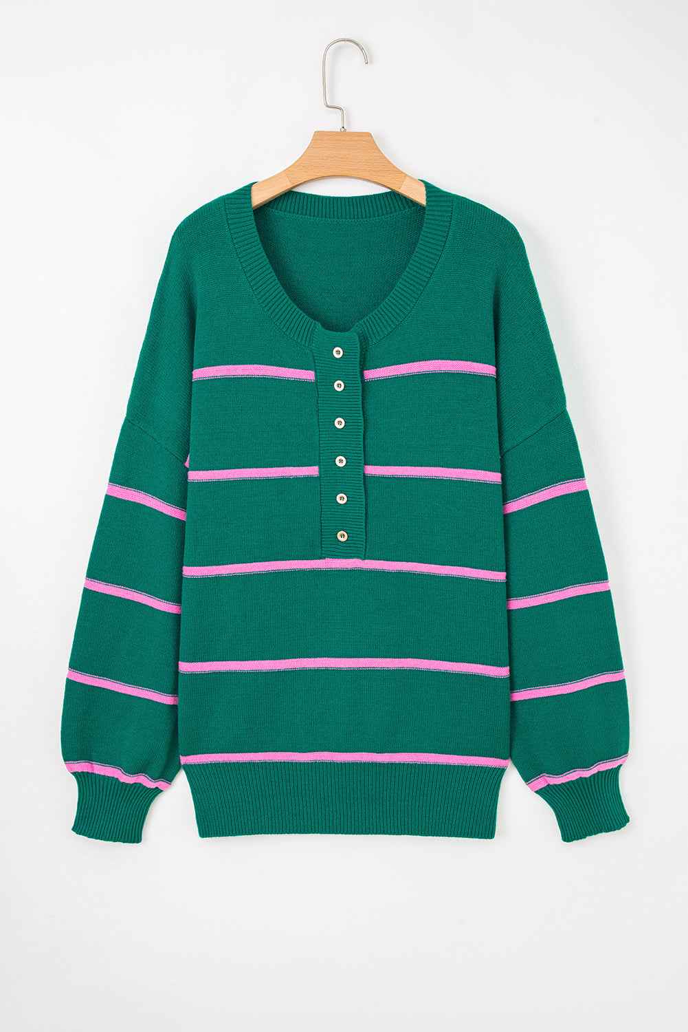 Green Stripe Half Buttons Drop Shoulder Plus Size Sweater 959ccb665cdc592c