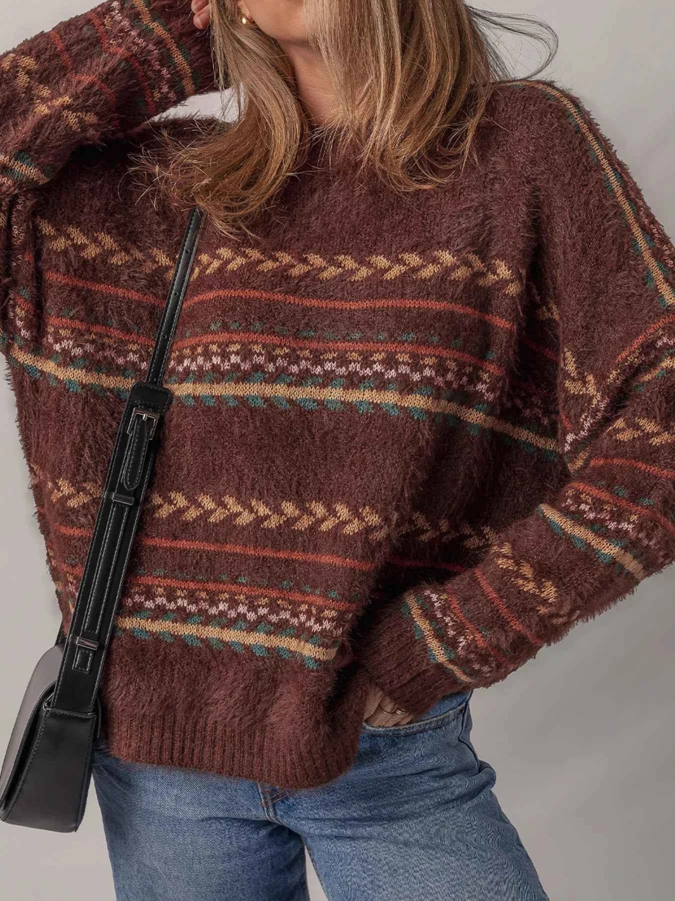Ethnic Pattern Mohair Knitted Drop Shoulder Sweater 95a63198c00d411f9bfee9a8f2271385-Max-Origin