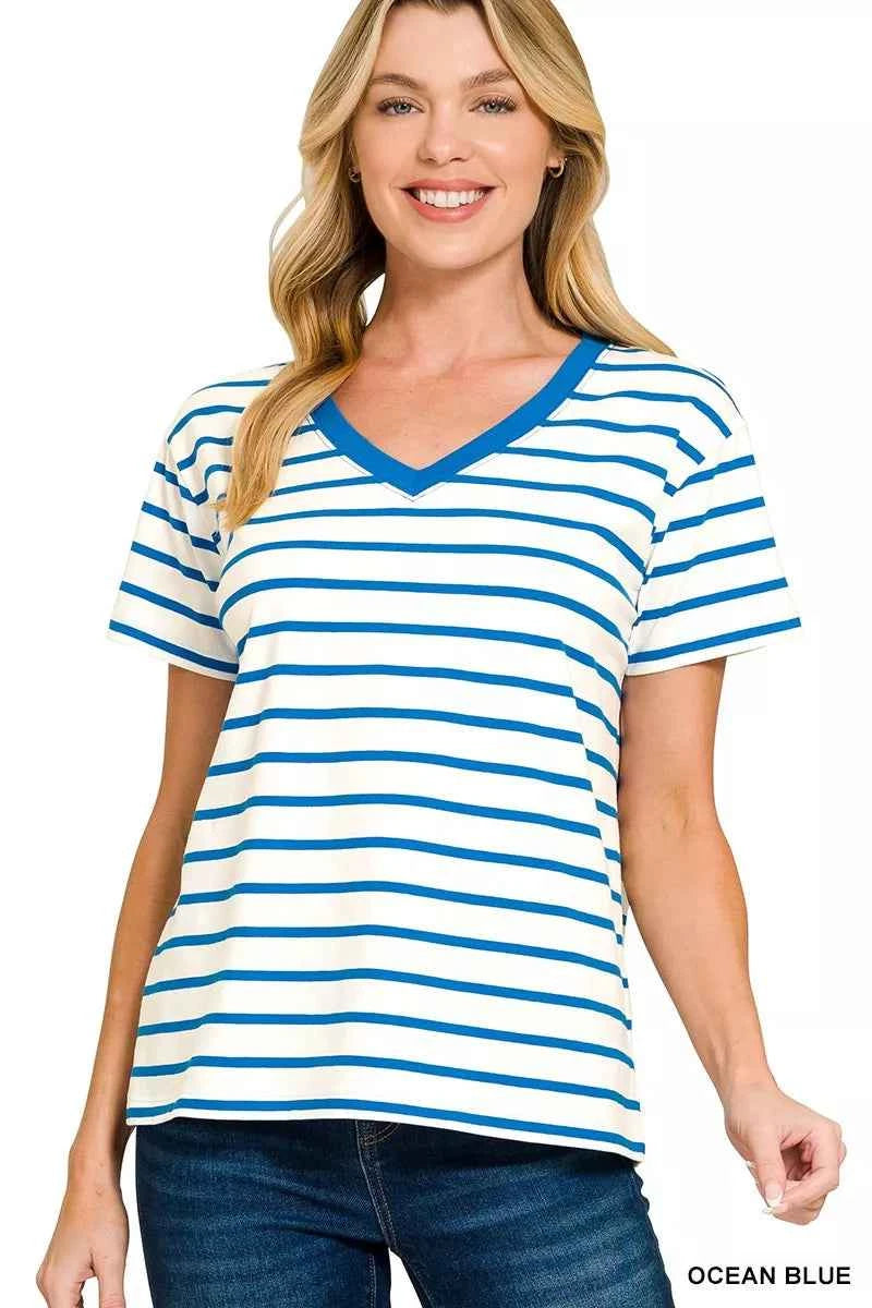 Zenana Striped V-Neck Short Sleeve T-Shirt 95a9ea4c3a2441af8b7525c4e2b72f98-Max-Origin