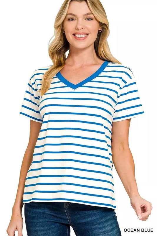 Striped V-Neck Short Sleeve T-Shirt 95a9ea4c3a2441af8b7525c4e2b72f98-Max-Origin