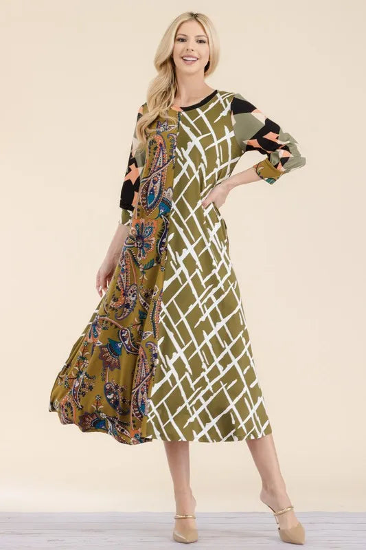 Celeste Full Size Paisley Contrast Tent Midi Dress Plus Size Olive 95aa8e17-5b0a-4f98-8364-58393485c4ea-Max