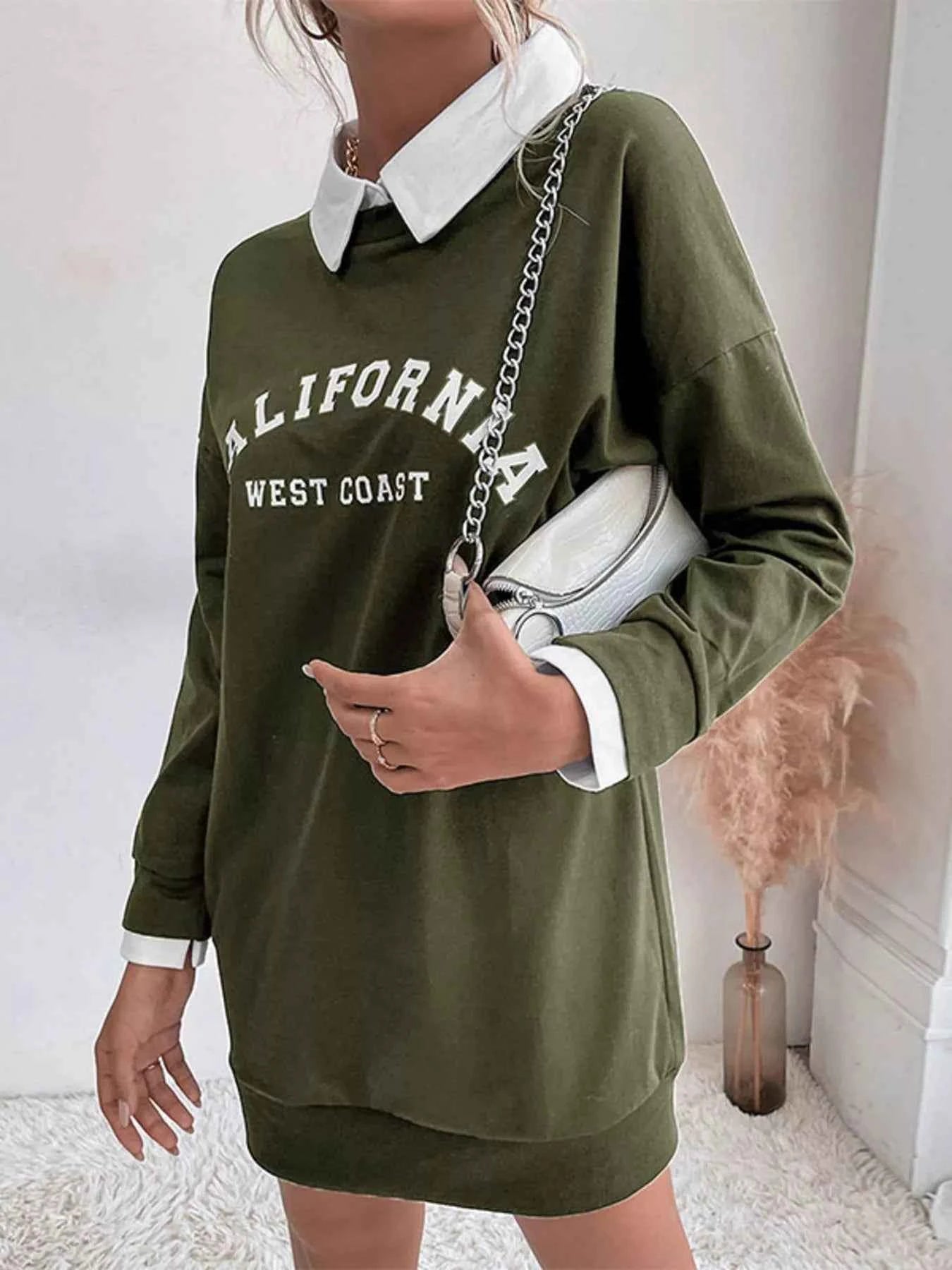 Letter Long Sleeve Sweatshirt Dress Army Green 95abe495-36e5-4f29-9e18-53d7b54dce6a-Max-Origin