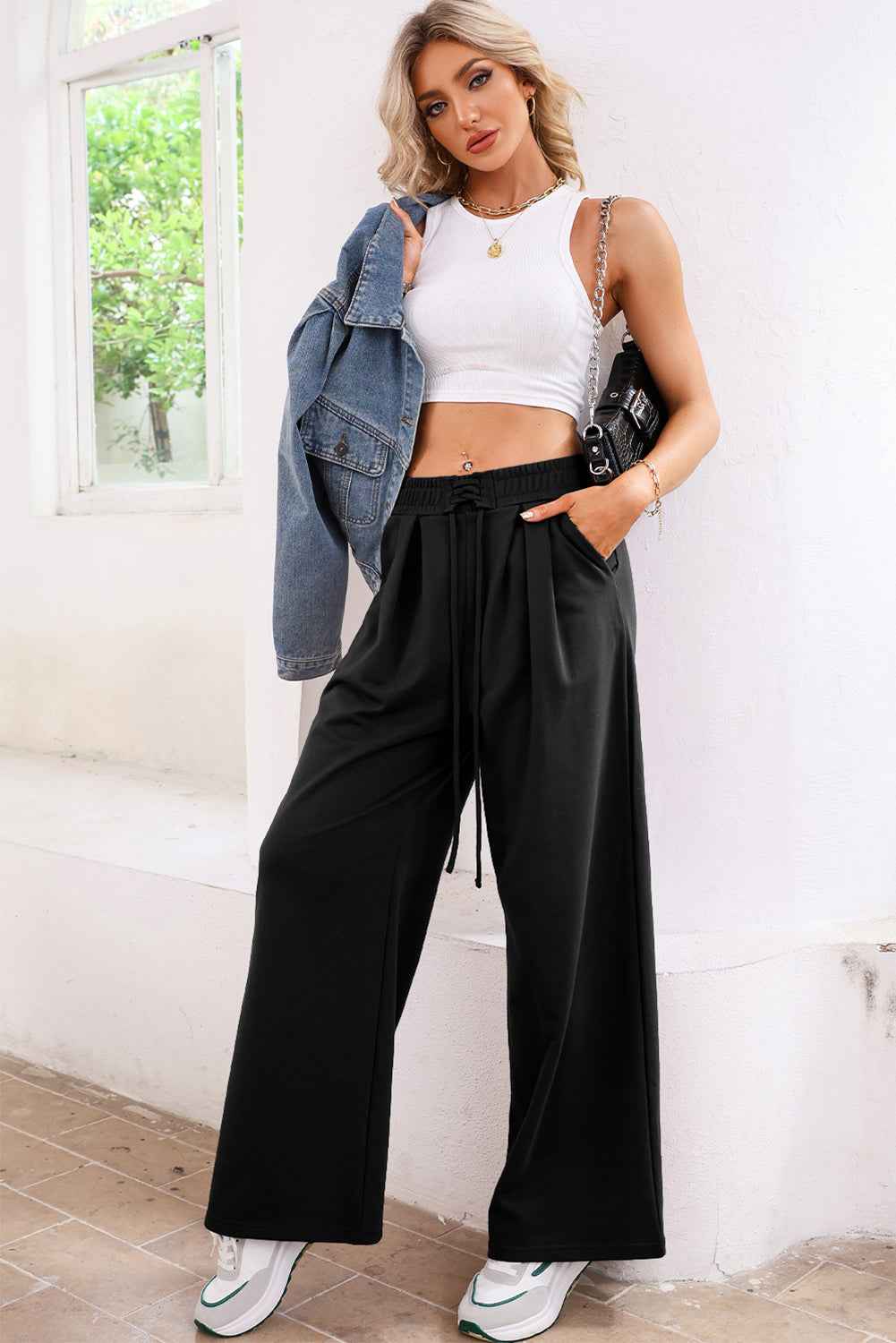 Dearlovers Black Tied Elastic High Waist Pleated Detail Solid Sweatpants 95acb81a7224c6a8
