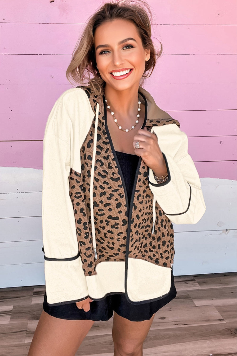 Brown Leopard Star Hooded Patchwork Contrast Piping Open Front Jacket 95ad7f02bf1983d5