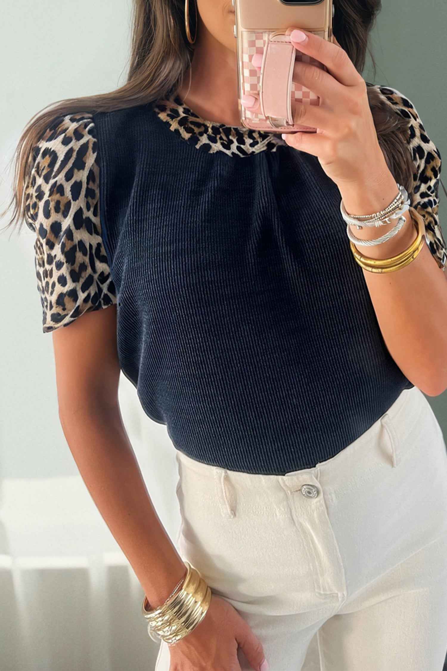 Navy Blue Ribbed Contrast Leopard Patchwork Short Sleeve Top Navy Blue 97%Polyester+3%Elastane 95b5863d78927905