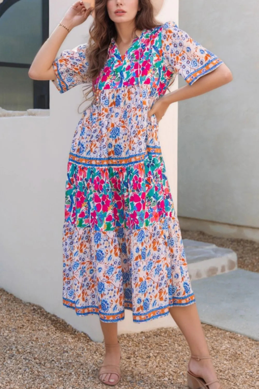 Mixed Floral Print Tie Neck Short Sleeve Dress 95bbba2c-a135-4bfe-b0b1-f6186f8bb69e-Max
