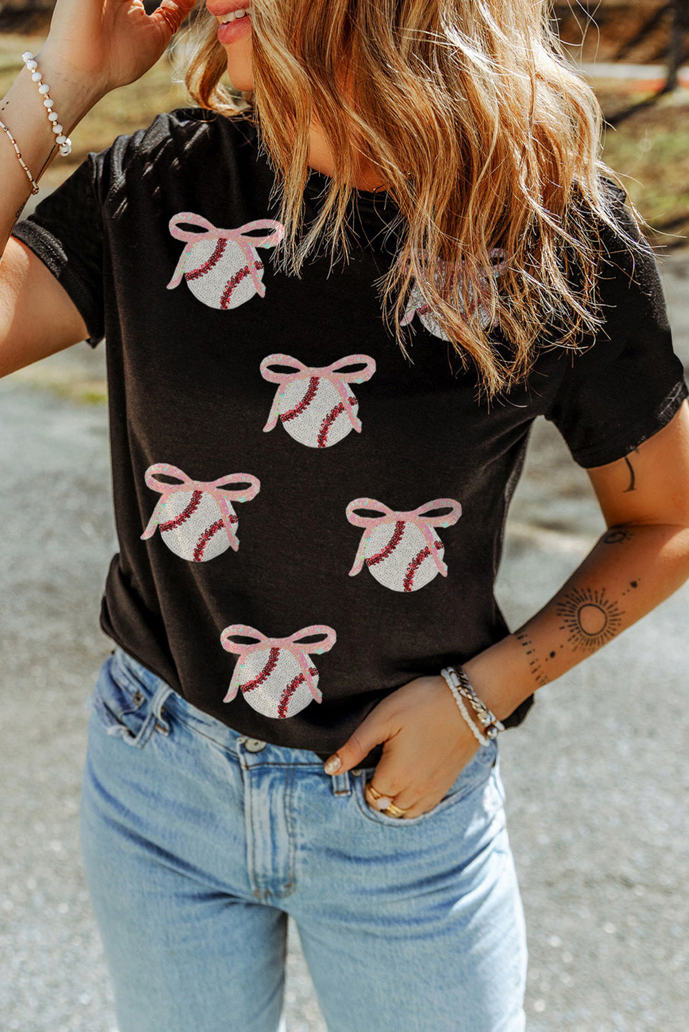 Black Shimmering Sequin Bow Ball Patterned Game Day Casual Tee 95bc923b336a0175