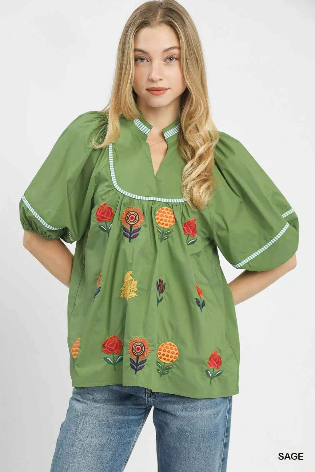 Umgee Embroidered Floral Puff Sleeve Top SAGE 95bd18b7-ba90-4eef-ac9b-c7b1efed771a-Max-Origin