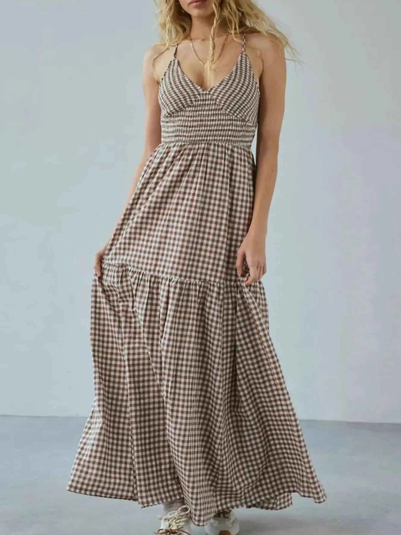 Crisscross Back Plaid Maxi Cami Dress Khaki 95c00092-0c73-4662-996a-950f2cdc42a5-Max-Origin