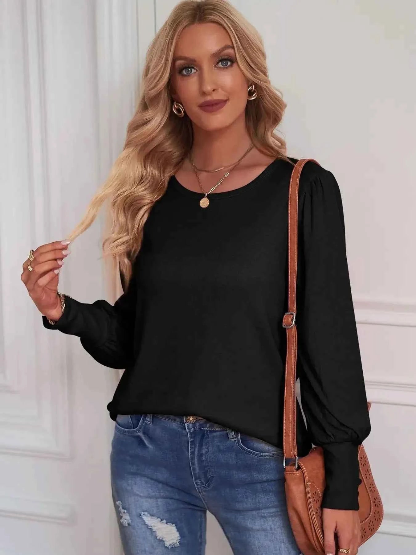 Long Sleeve Blouse with Elastic Cuffs Black 95c61745-145a-4e29-890f-2bd8632505c8-Max-Origin