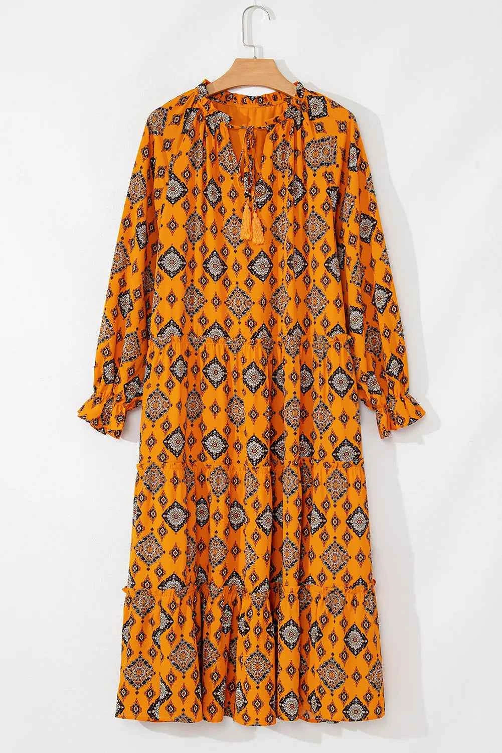 Frill Printed Tie Neck Long Sleeve Dress 95c6568e-b338-49be-b8fe-9d09209ea0d9-Max