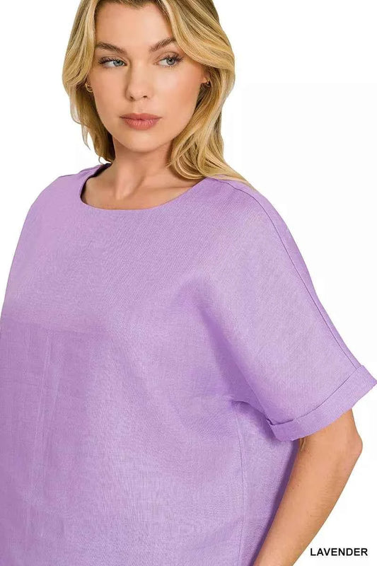 Linen Round Neck Cuffed Sleeve Top 95c6c006adaf42f69bbfcdfc782052fc-Max-Origin