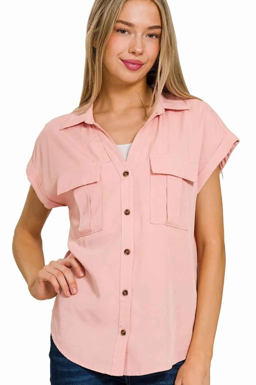 Zenana Tencel V-neck Collared Top W Front Flap Pockets 95c83f3c-aa55-465b-b52c-74cb79a8c63b-Max-Origin