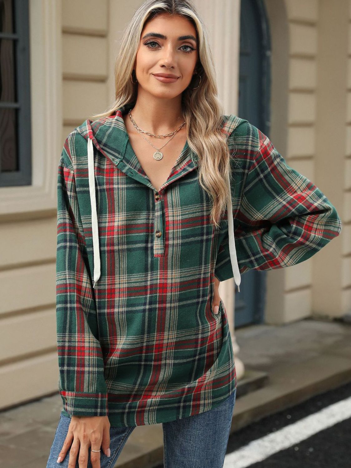 Drawstring Plaid Hooded Long Sleeve Top