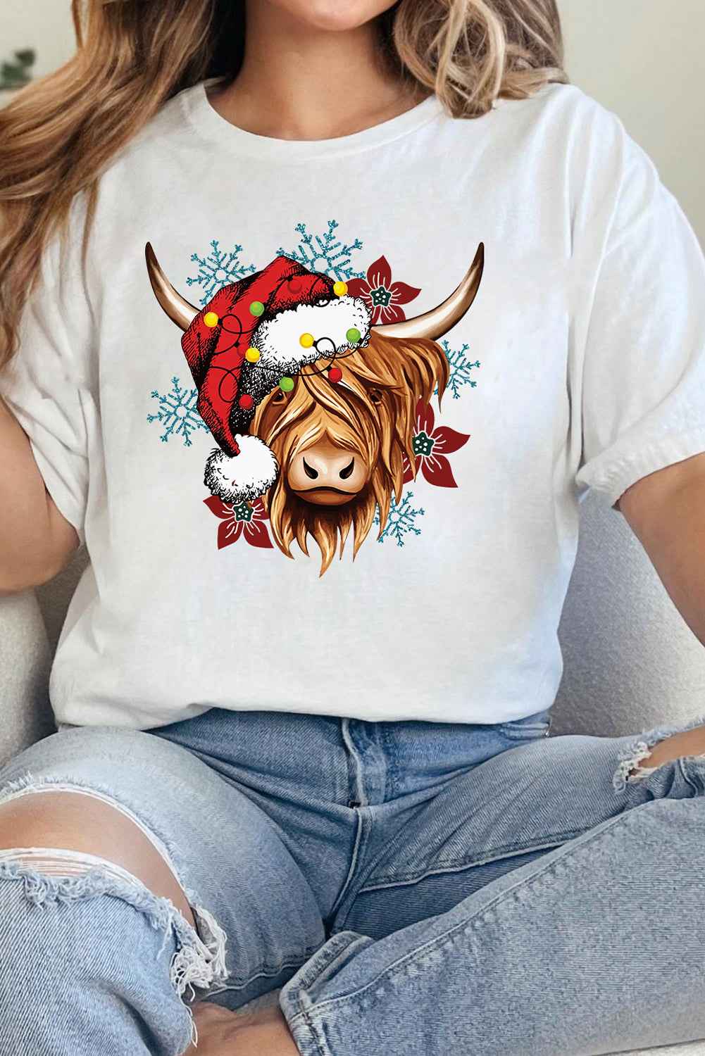 White Christmas Highland Ox Snowflake Print Womens T Shirt 95cc94d989f840e2