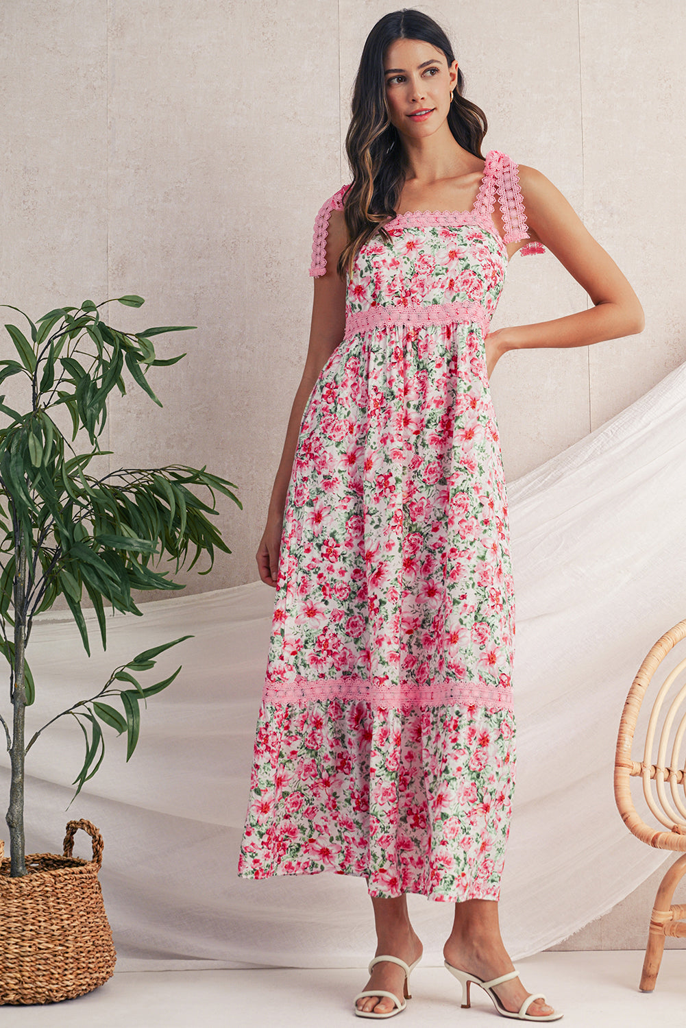 Green Floral Lace Tied Strap Empire Waist Maxi Dress Pink 95d5d6221134d7ce