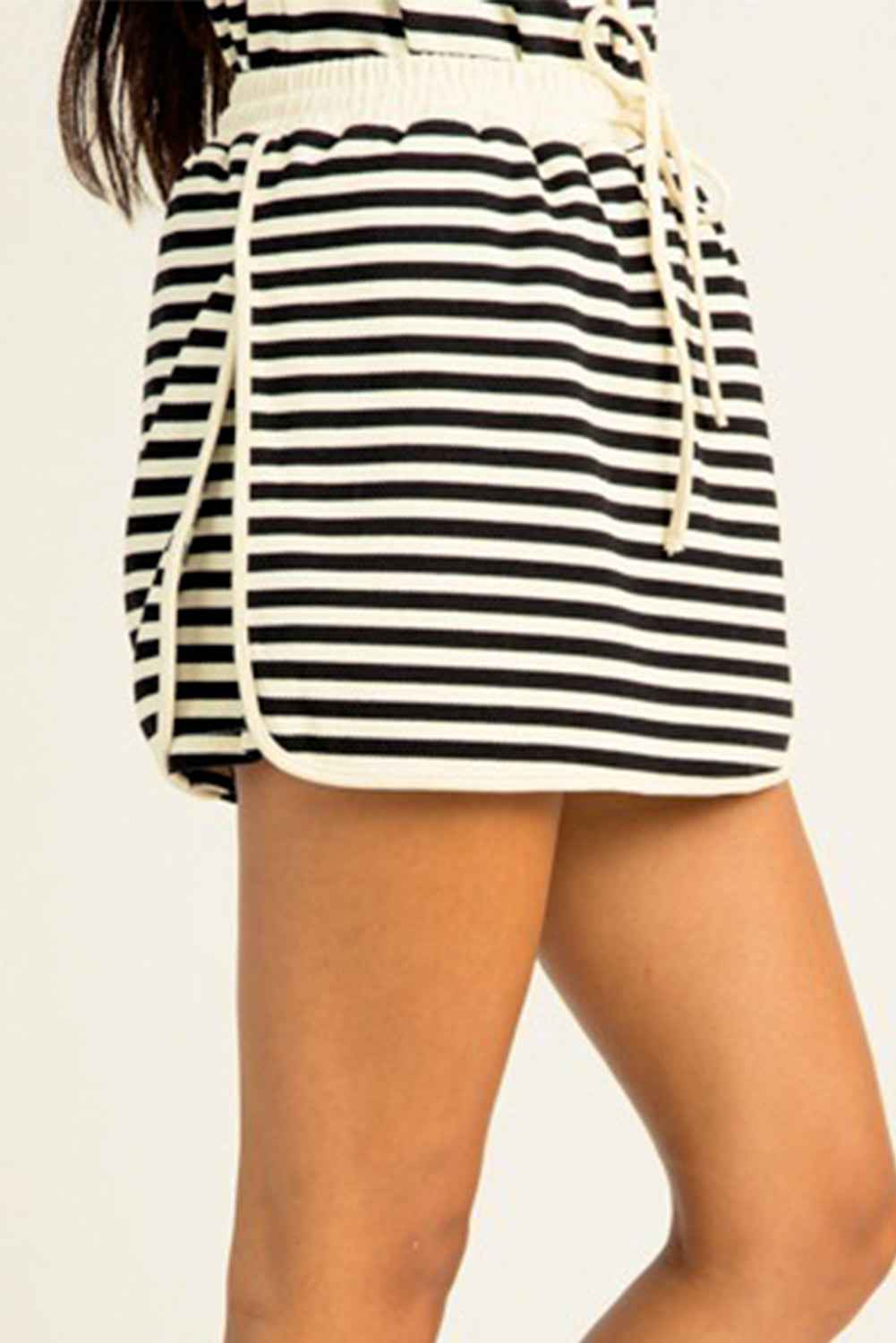 Black Stripe Textured Drop Shoulder Pullover Top Drawstring Mini Skirt Two Piece Dress Set 95d86cbad4df1a5e