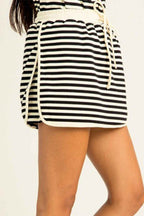 Black Stripe Textured Drop Shoulder Pullover Top Drawstring Mini Skirt Two Piece Dress Set 95d86cbad4df1a5e