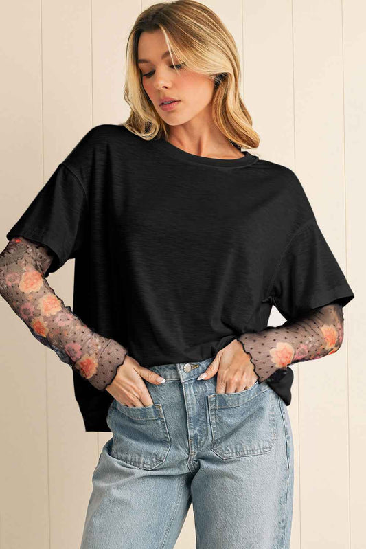 Black Floral Mesh Sleeve Fake Two-Piece Top 95df387fe0b3d7ec
