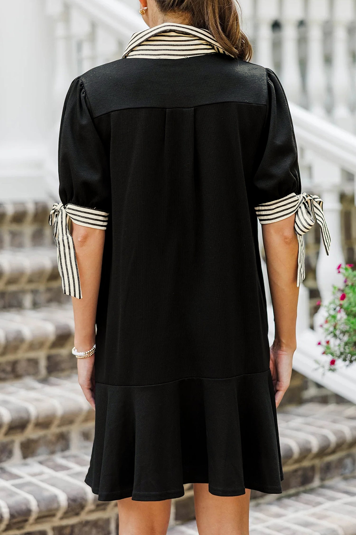 Black Stripe Detail Polo Collar Half Buttons Tied Short Sleeve Shift Mini Dress 95e038dee06cd861