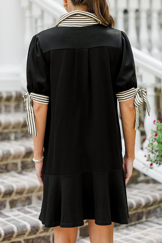Black Stripe Detail Polo Collar Half Buttons Tied Short Sleeve Shift Mini Dress 95e038dee06cd861