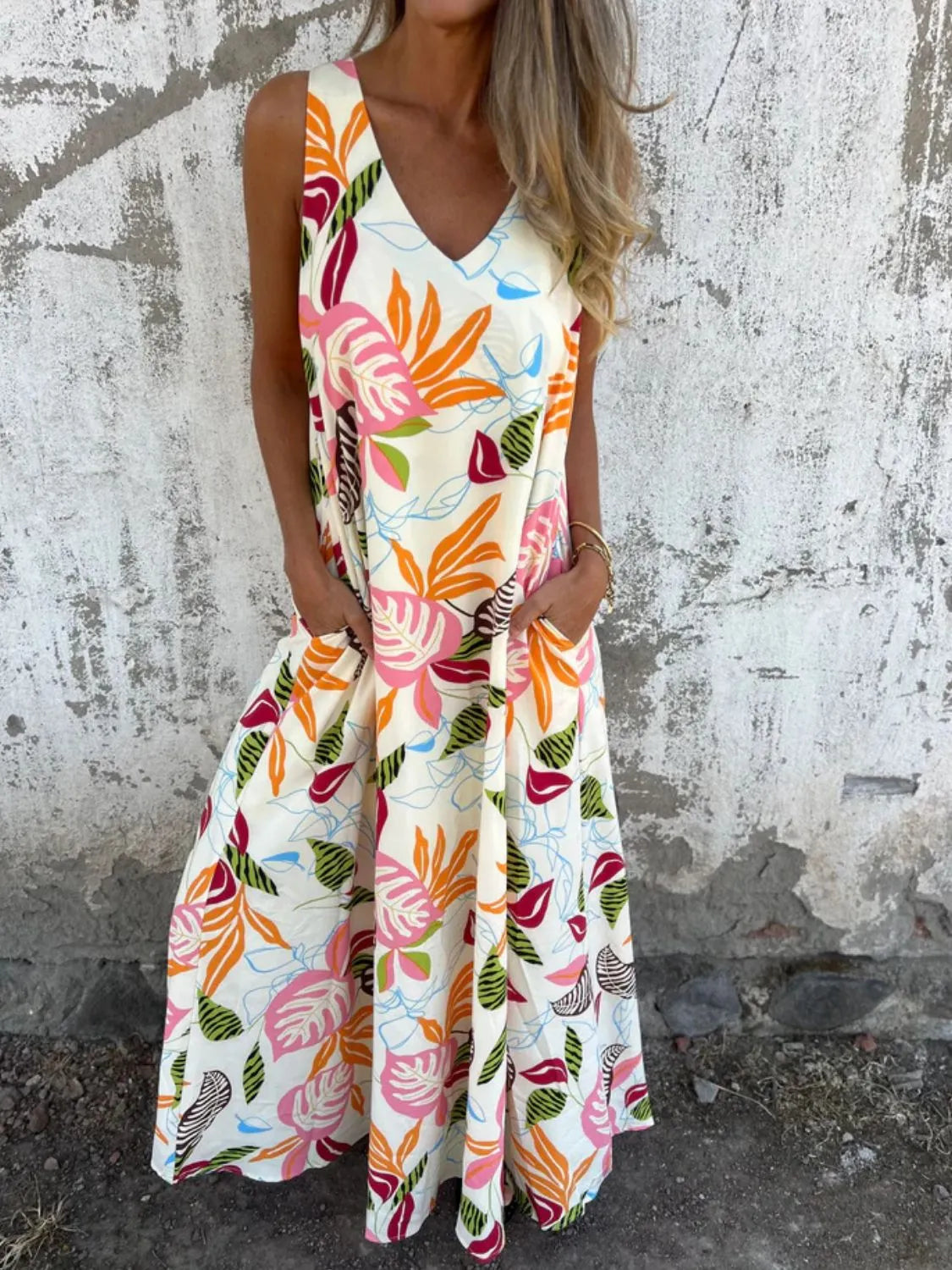 Full Size Printed V-Neck Sleeveless Dress Plus Size Tangerine 95e142c3-8f3d-468a-9dbb-3fd396aa2087-Max-Origin