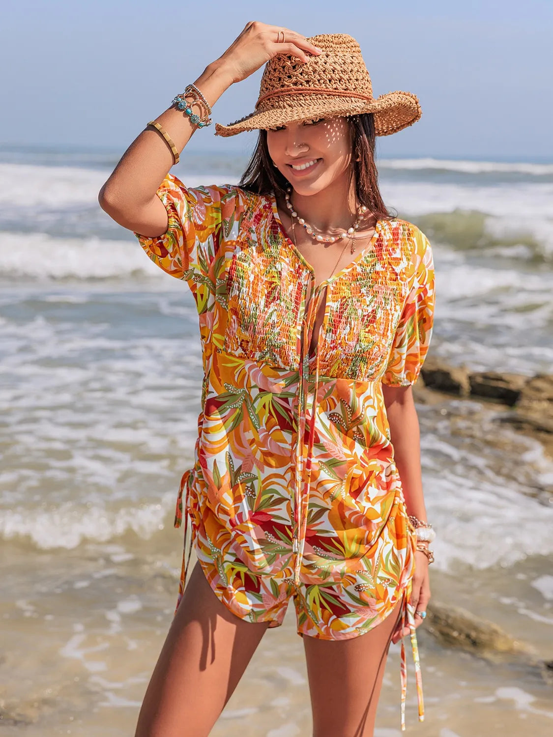 Smocked Printed Tie Neck Romper 95e18a20-4bd1-4944-800e-444fd9c40e98-Max-Origin