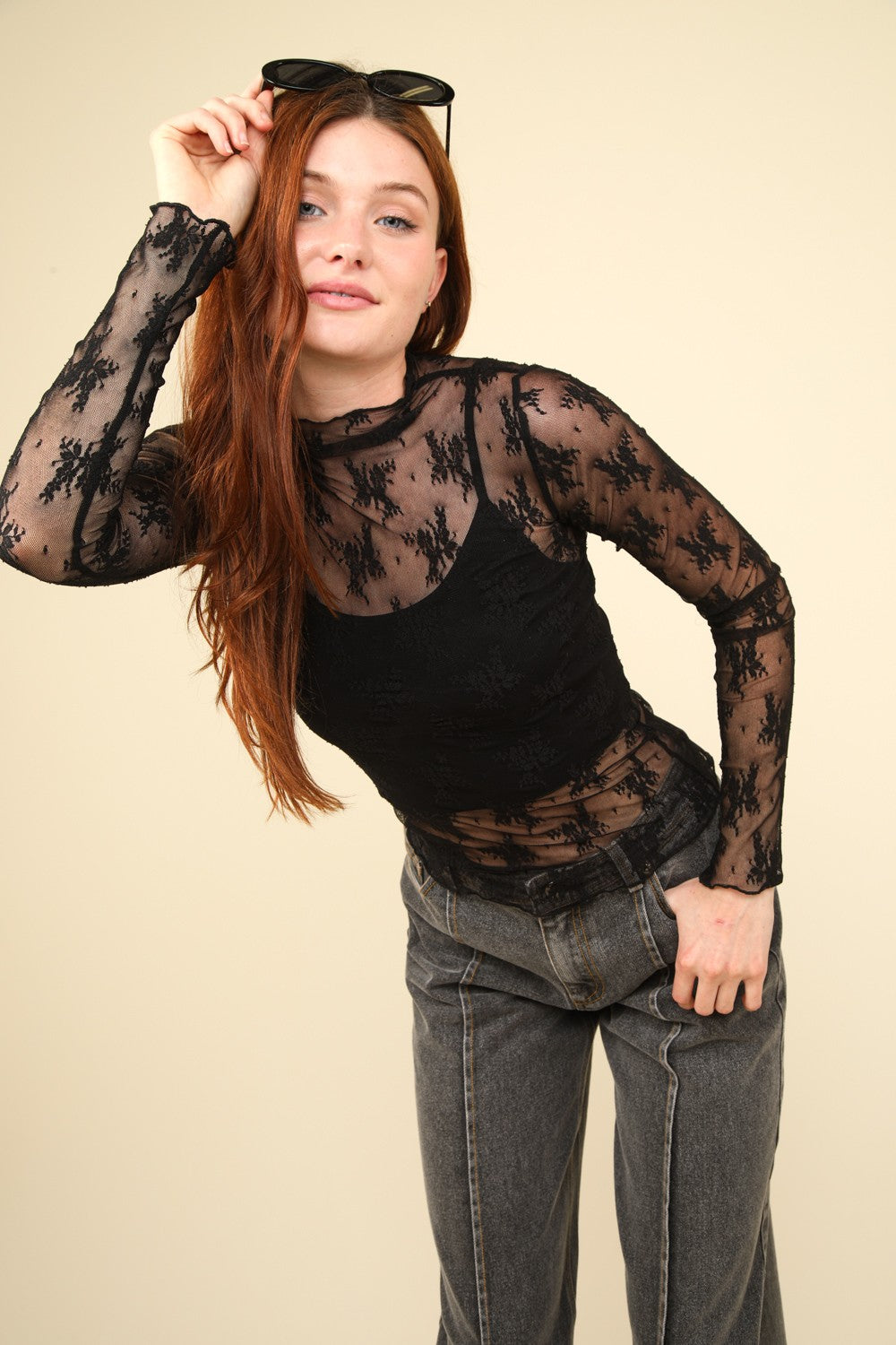 VERY J Mock Neck Fitted Sheer Mesh Lace Blouse