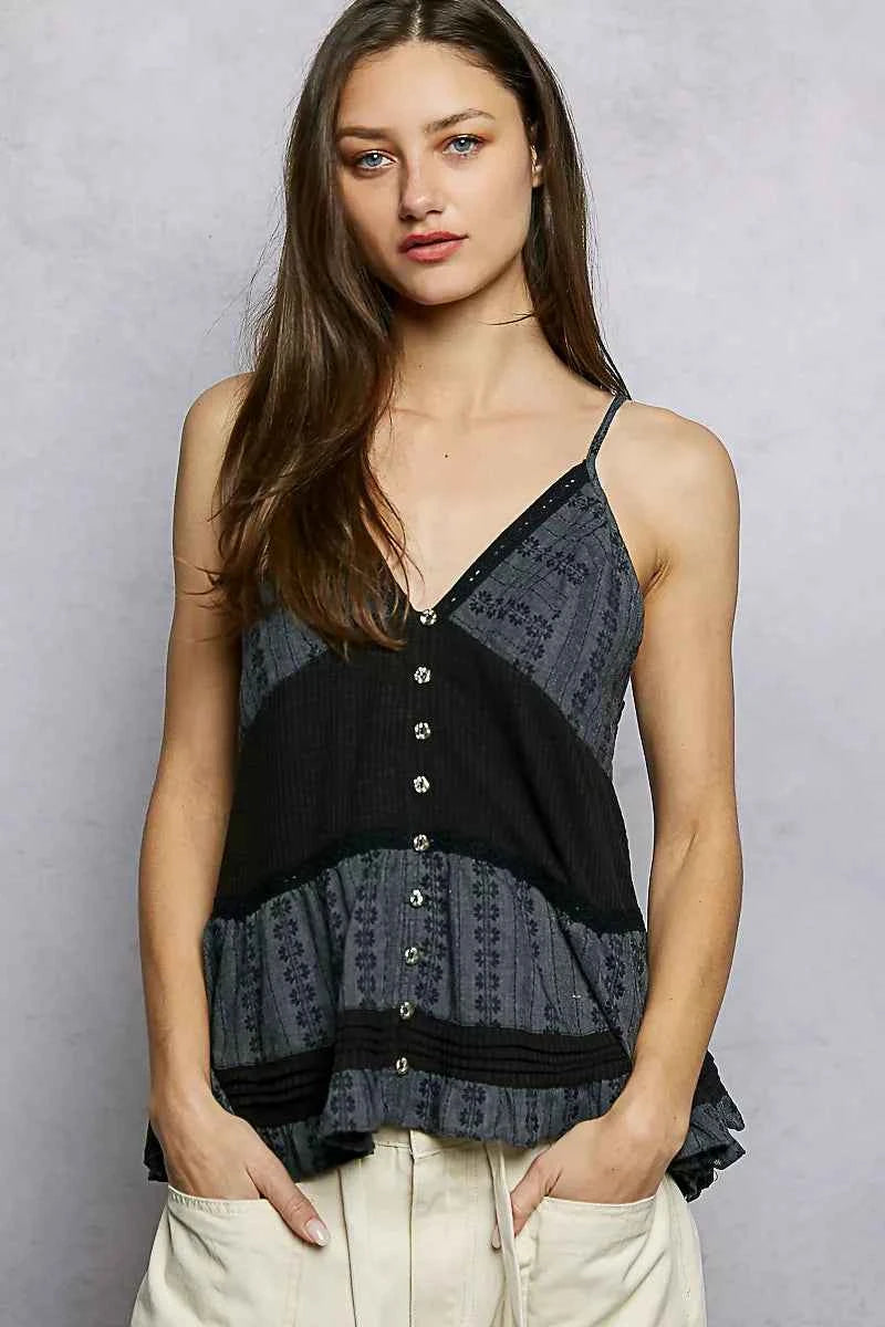 POL Button Front V-Neck Ruffled Cami with Pintuck Accents 95e9a562-69fc-48e3-8f54-70256257ce36-Max-Origin
