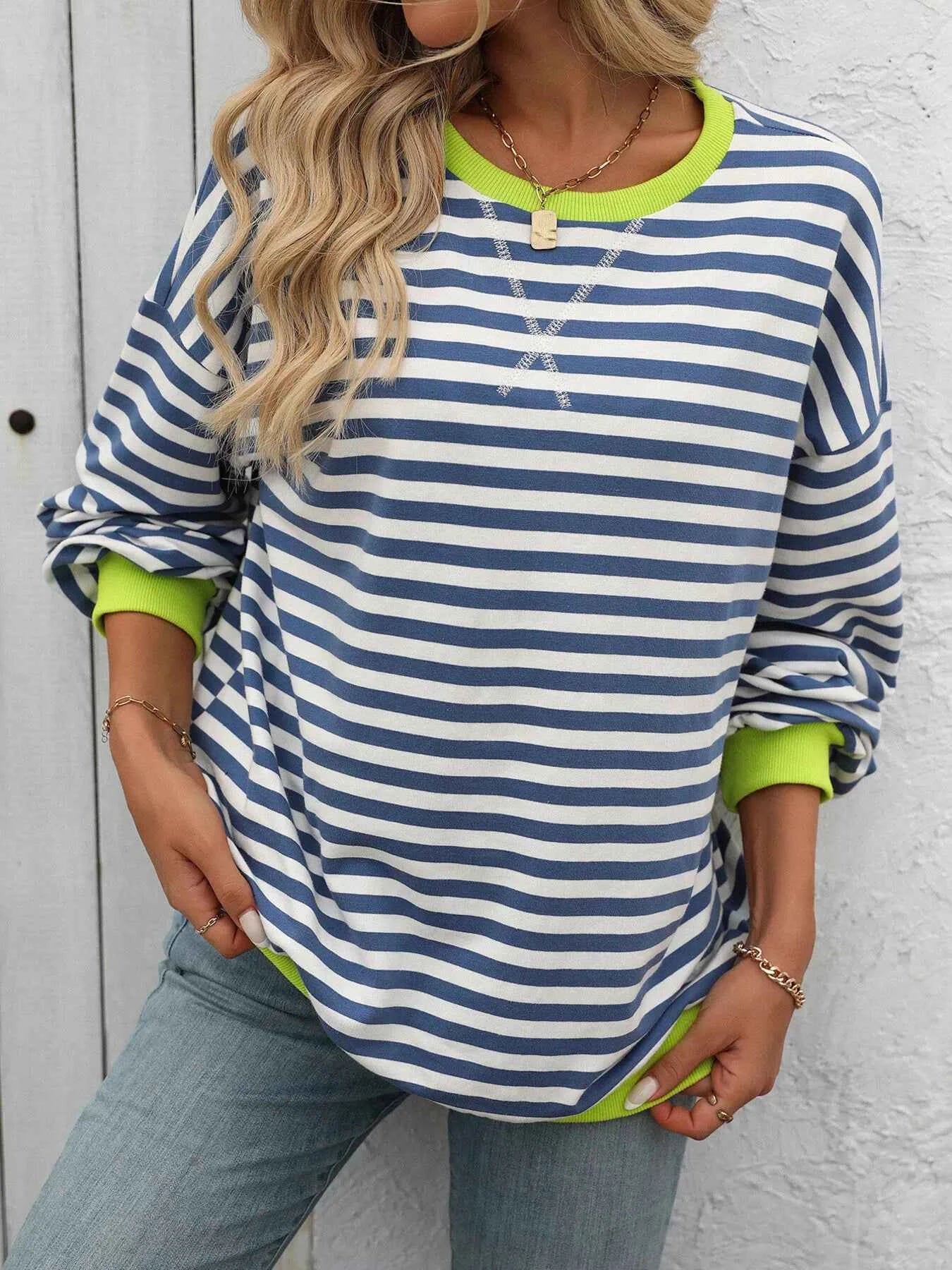Striped Round Neck Dropped Shoulder Sweatshirt 95ed1ea88c61414b9b9270315ffbcad8-Max-Origin