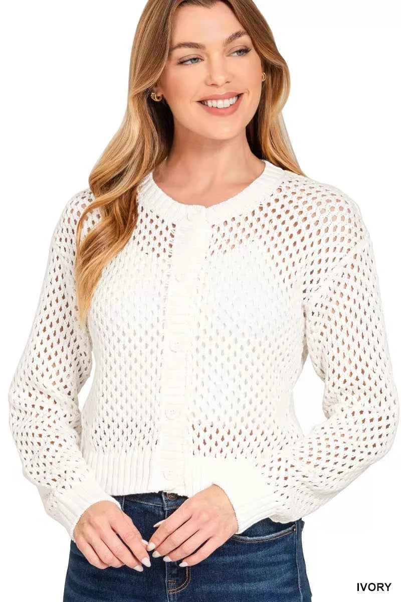 Zenana Button Down Lightweight Crochet Cardigan Sweater IVORY 95ed2f5889b8485ab0f299e4460b4704-Max-Origin