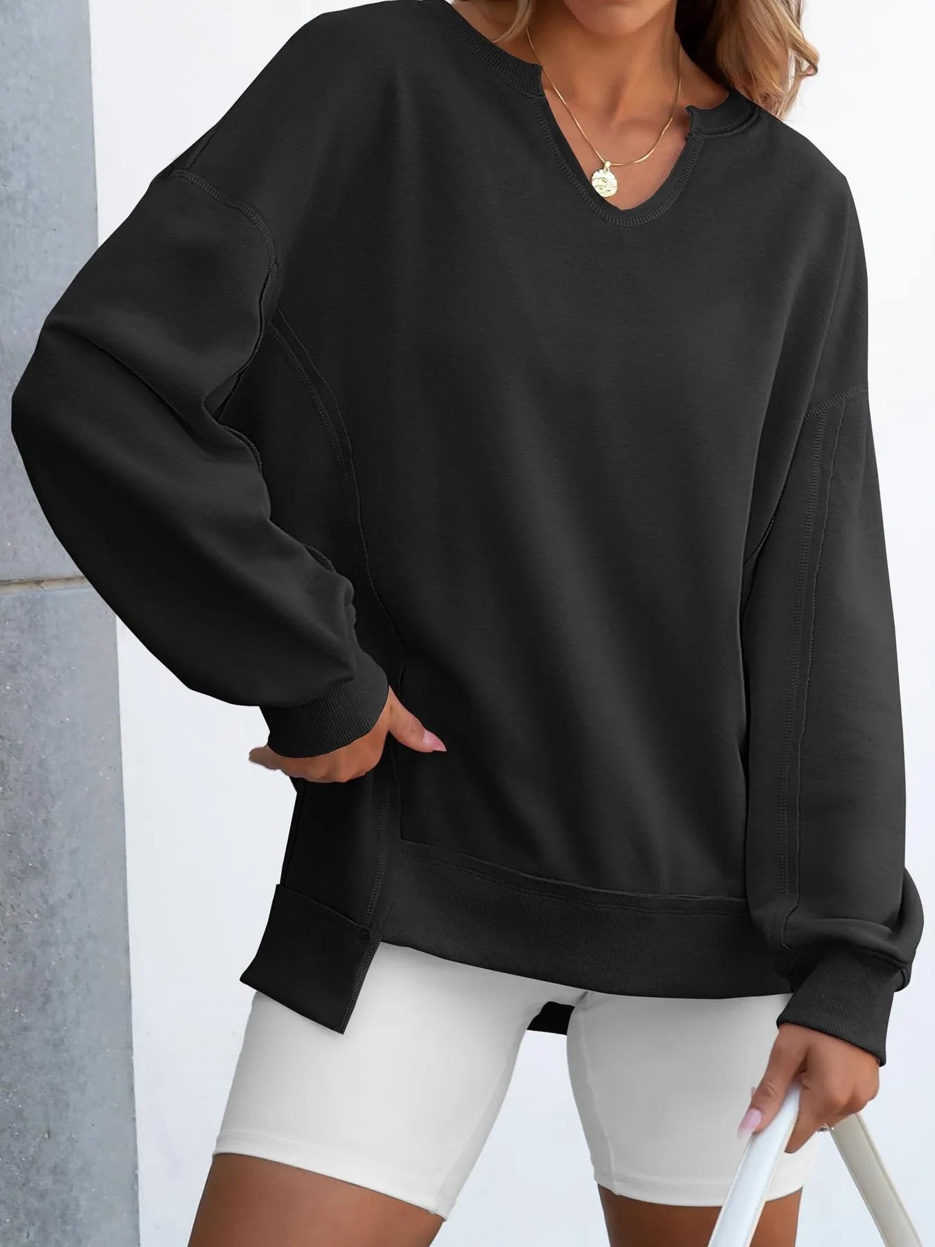 Notched Long Sleeve Oversized Sweatshirt 95ed792f03fe4e2eaa82bd4e039e0792-Max-Origin