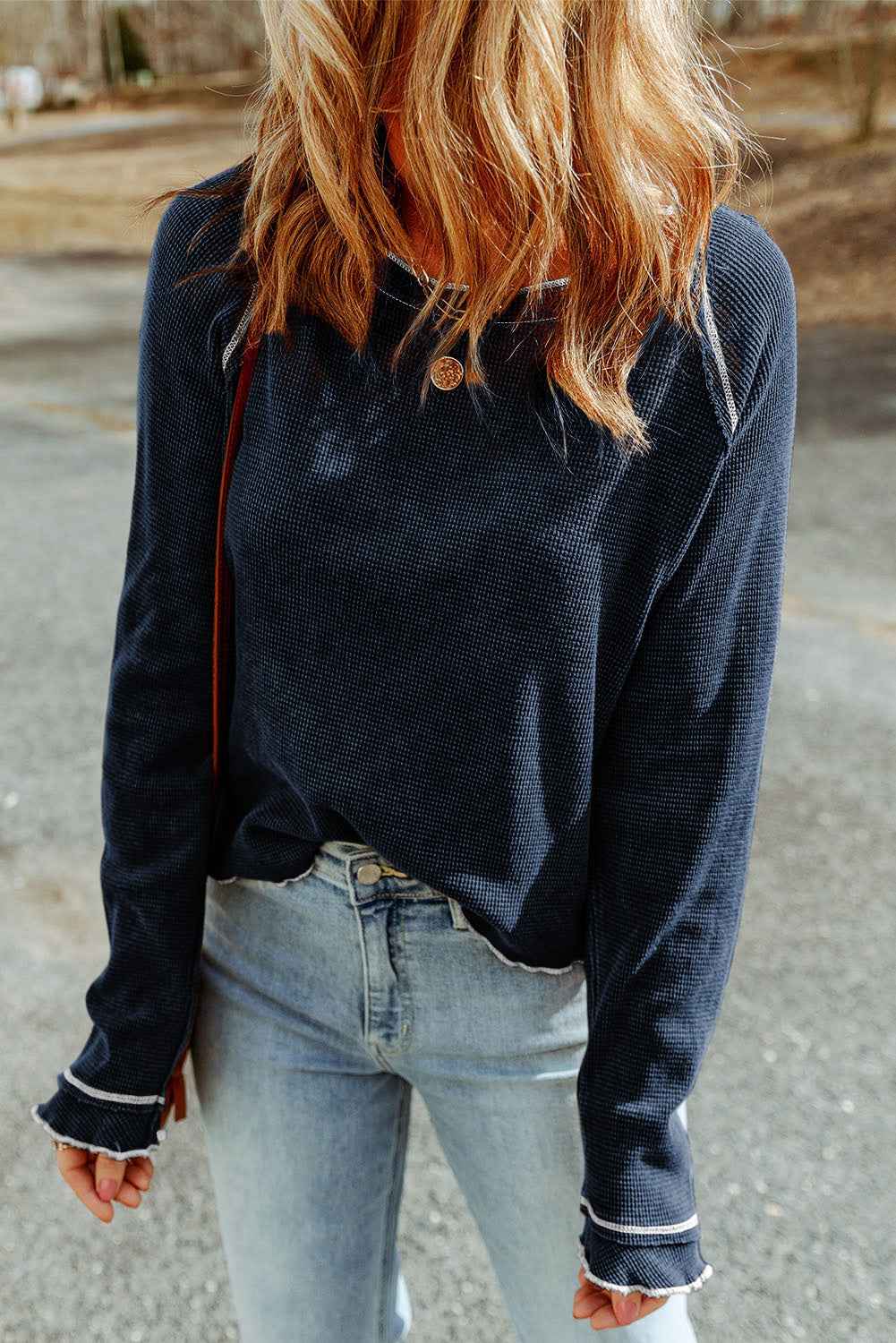 Red Exposed Seam Textured Pullover Long Sleeve Top Blue 95%Polyester+5%Elastane 95eec36d71b2ca6b
