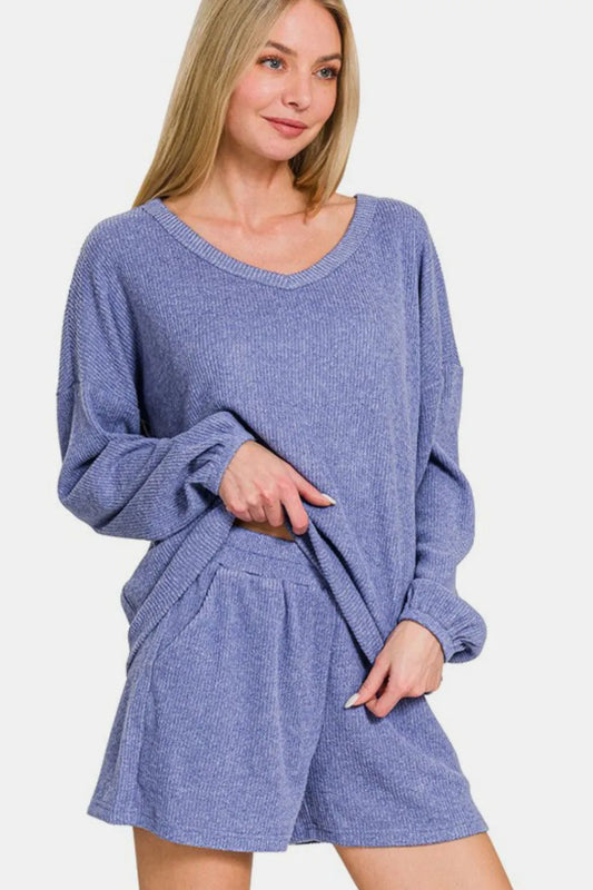 V-Neck Long Sleeve Ribbed Top and Shorts Set 95f7d2dd-c0f4-467b-9e19-c631836f7db6-Max