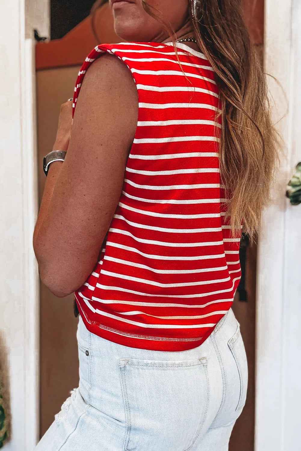 Red Stripe Ribbed Round Neck Trim Loose Tank Top 960292fc303733eb