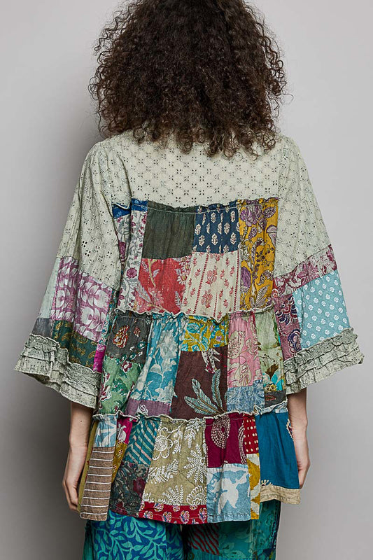 Tiered Floral Patchwork Tie Neck Shirred Ruffled Blouse 96038b97-22b0-49d2-81ee-3056de9d266c-Max