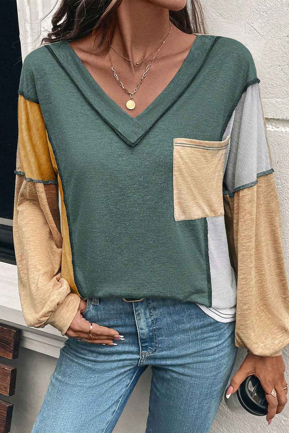 Sail Blue Exposed Stitching Colorblock V Neck Long Sleeve Top 9604d4f0d4c45e4a