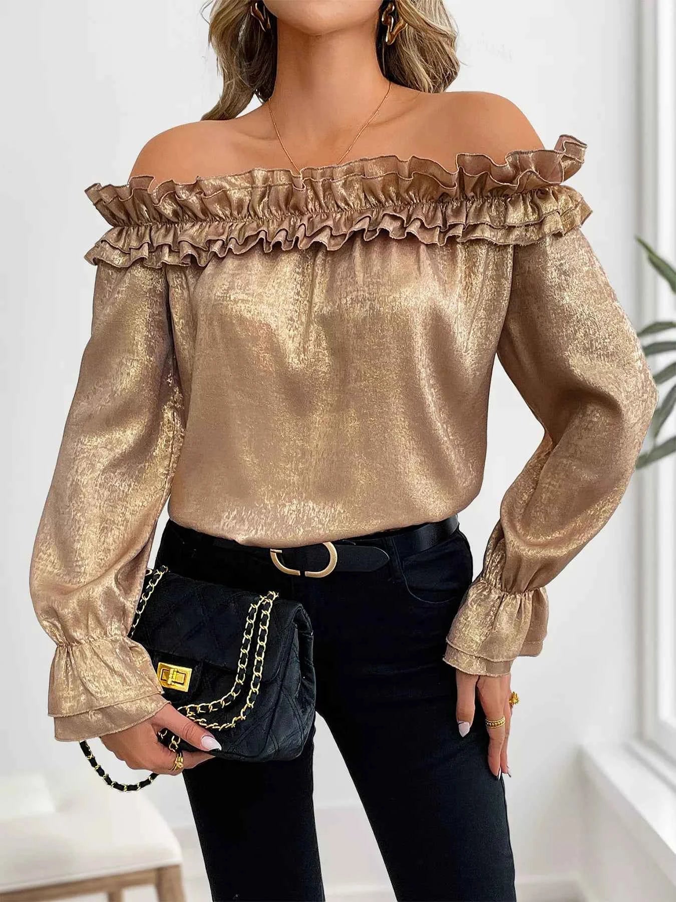 Ruffled Off-Shoulder Flounce Sleeve Blouse 960a28072c8b44809f08386bbf3f7fce-Max-Origin