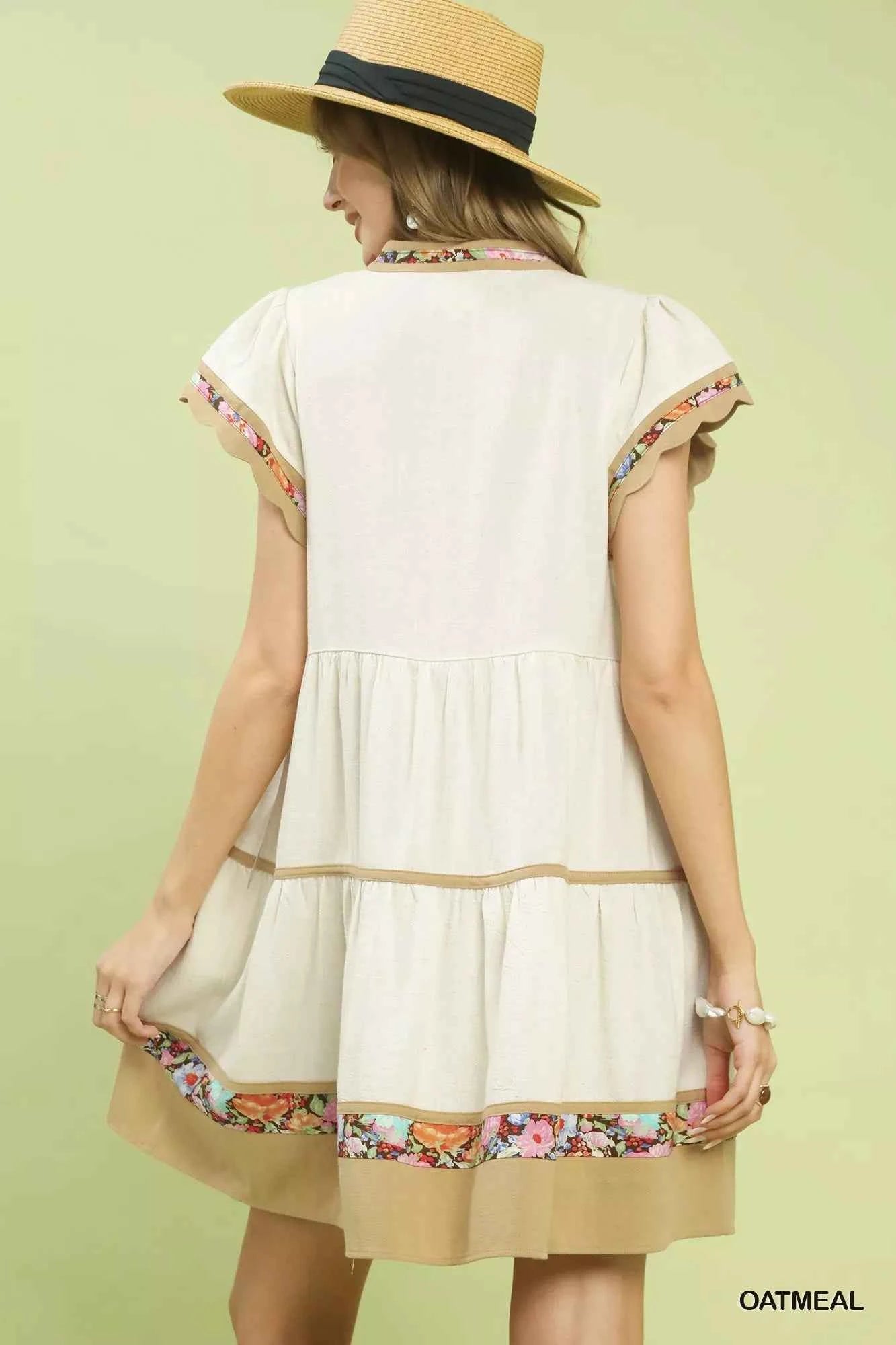 Umgee Linen Tiered Flutter Sleeve Dress with Floral Trim 9612b7ff-73d6-4566-afbb-06fd56c9e41b-Max-Origin