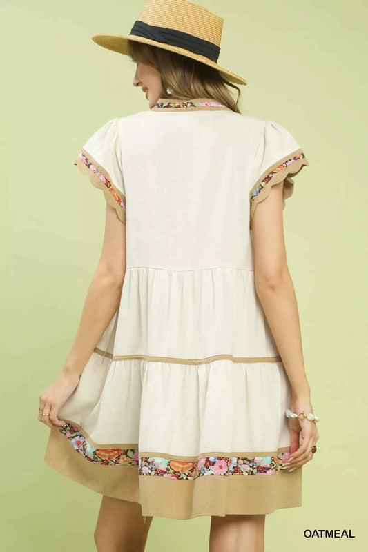 Linen Tiered Flutter Sleeve Dress with Floral Trim 9612b7ff-73d6-4566-afbb-06fd56c9e41b-Max-Origin