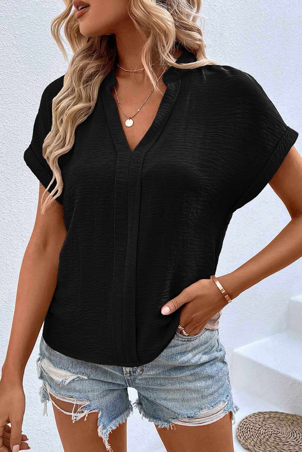 White Notched Neck Batwing Sleeve Blouse Black 9612be5e3bd81c5c