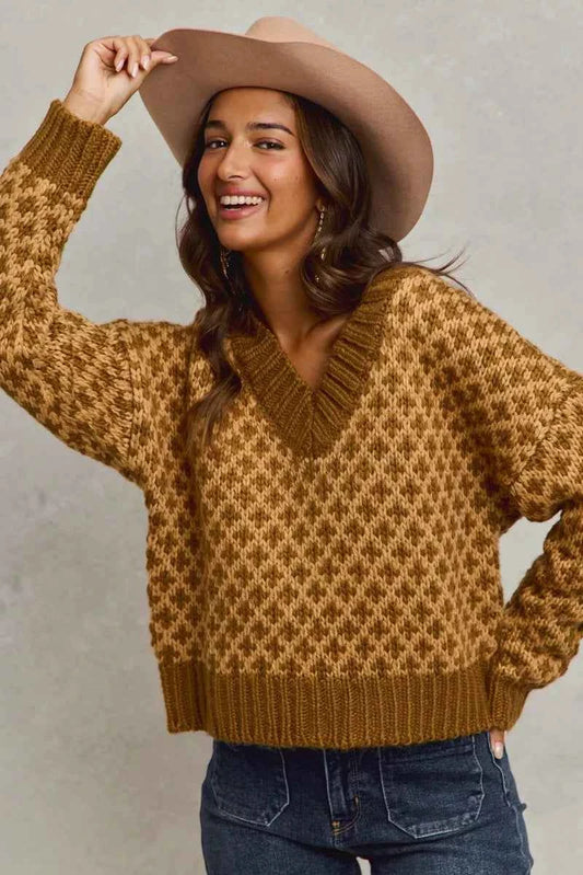 SO ME Color Block Textured Christmas Sweater V Neck Top 96148256734e42c5b8bb38cc7f116f4e-Max-Origin