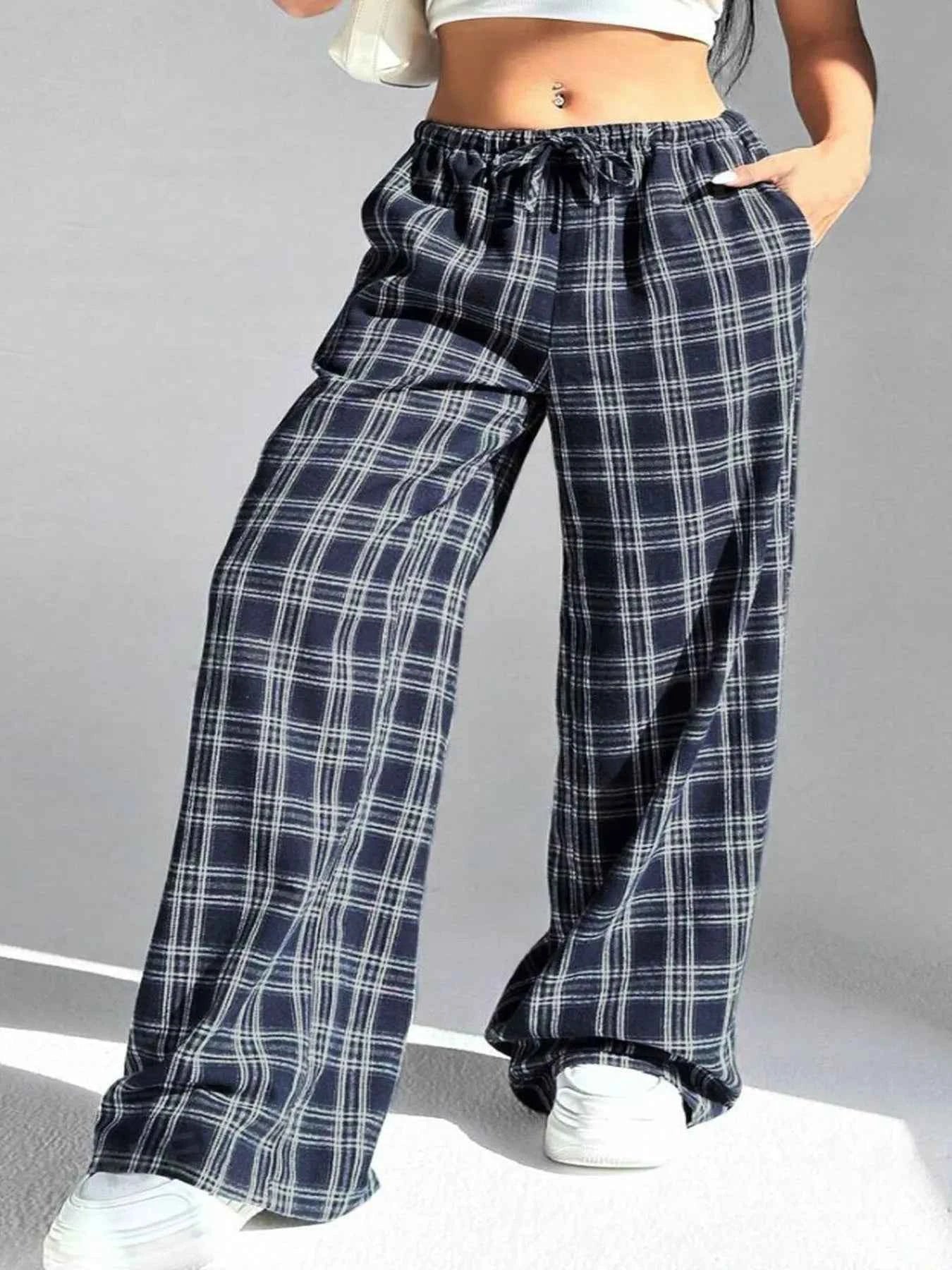Plaid Wide Leg Drawstring Pants 9615a641ba6b436f8d93fb3f6e2bae2e-Max-Origin